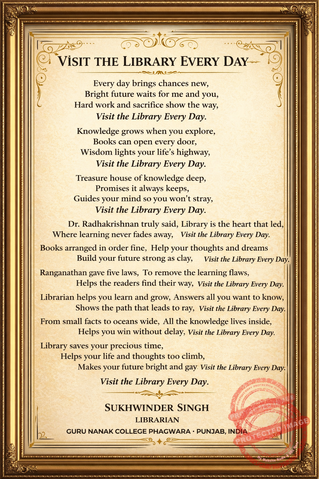 Library Poem by Sukhwinder Singh Librarian Guru Nanak College ...